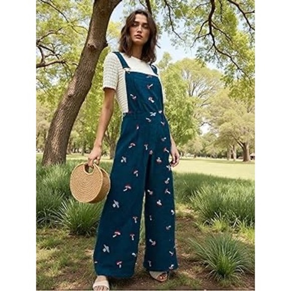Cider Denim - Cider Teal Corduroy Mushroom Embroidered Wide Leg Overalls Womens Medium
